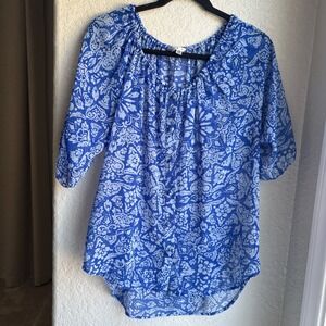Cabi Floral XS Peasant Blouse Blue Paisley Sheer Button Up 3/4 Sleeve Coastal